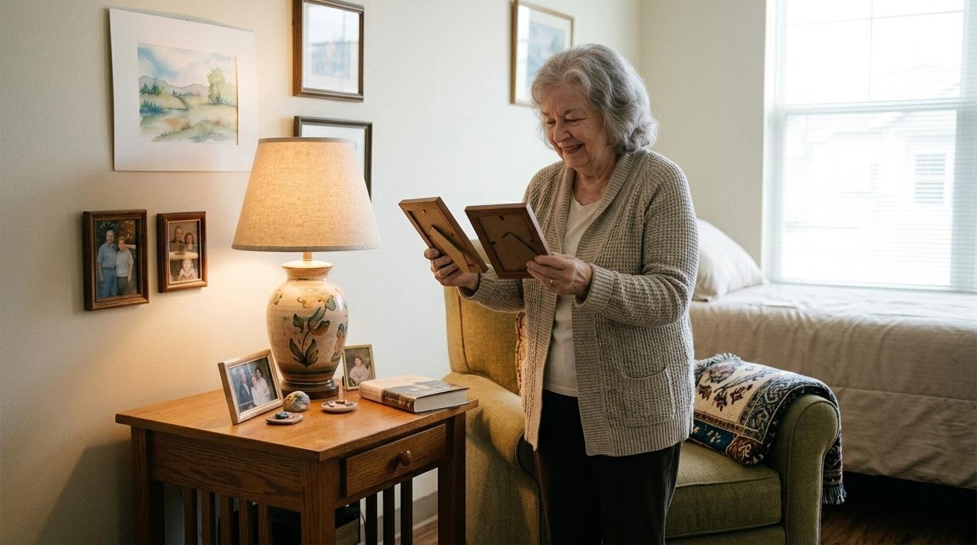 Cozy senior living room decorated with framed photos, a throw blanket, and personal keepsakes to feel like home.