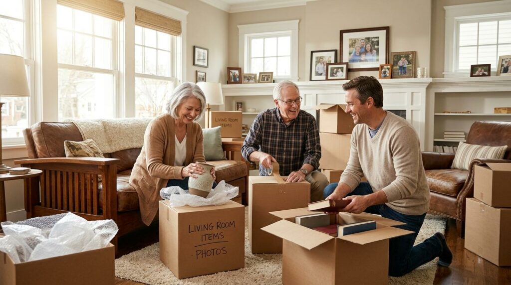 An adult reviewing a checklist while helping a parent transition to assisted living at a senior community.