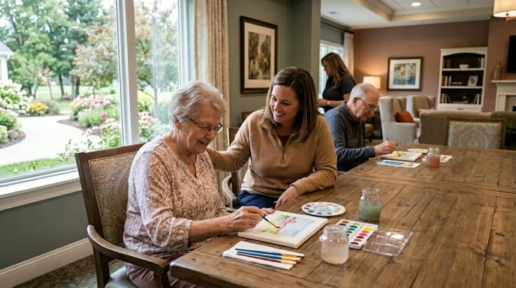 A caring staff member engaging with a memory care resident during a calm daily activity at a senior living community.