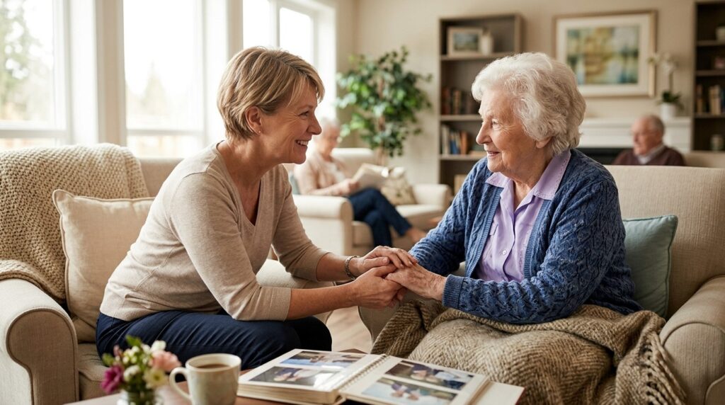 &nbsp;A caring adult child sits with an older parent, sharing a warm moment as they discuss memory care options.