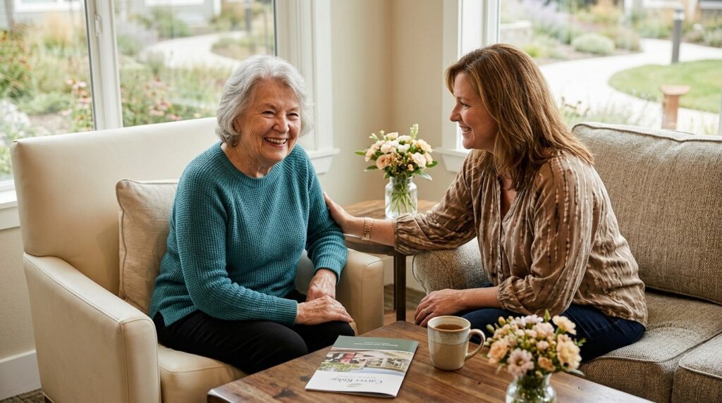 Smiling senior adults reviewing assisted living costs and services with a caring staff member at a luxury senior living community.