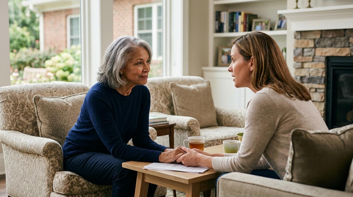 A young adult holds an older adult’s hand as they talk over tea in a sunlit room.