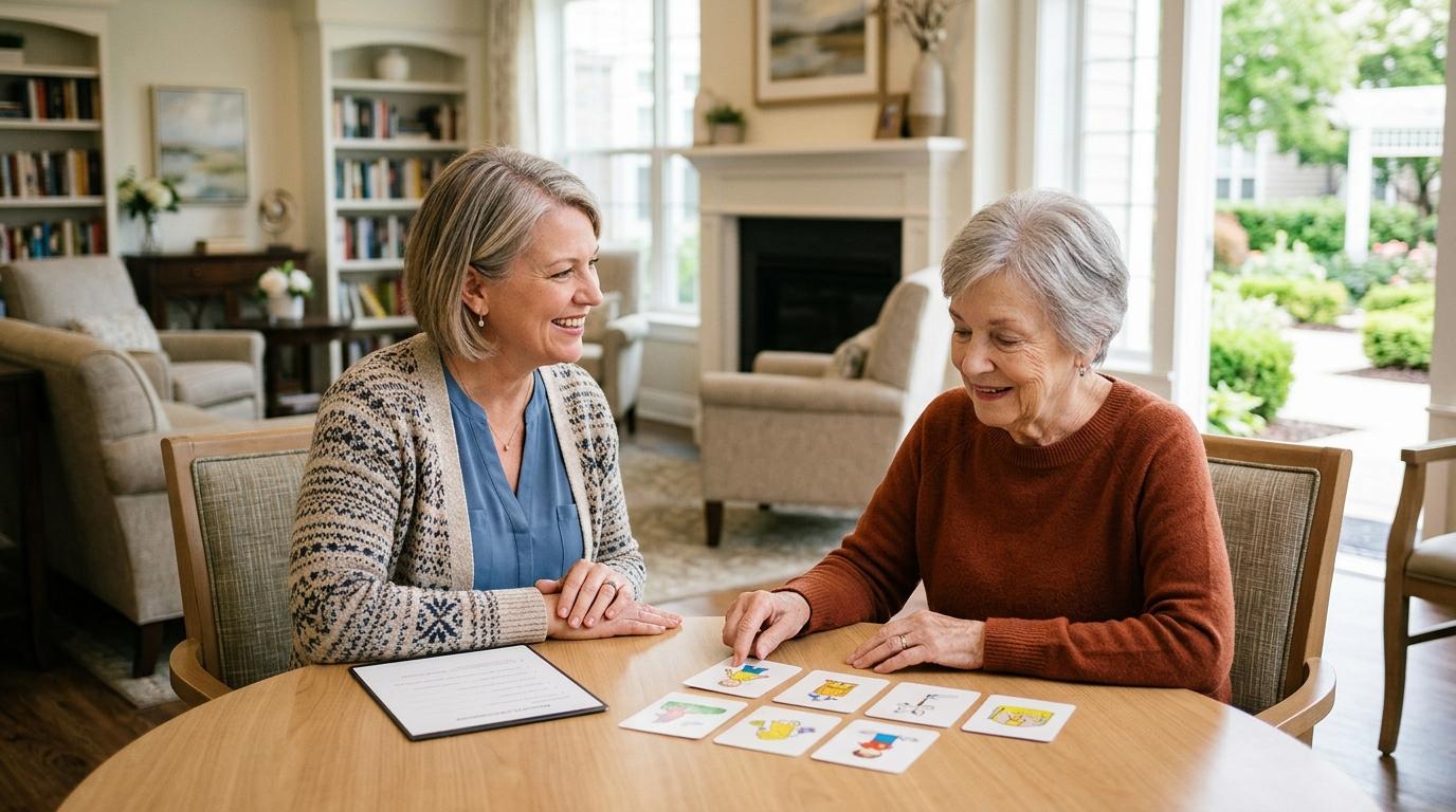 An older adult during a memory screening sitting in a living room.